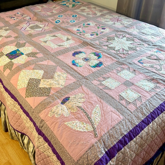 Handmade Other - Dated 1989 SAMPLER Cotton PATCHWORK QUILT - 86”x 100” Pink